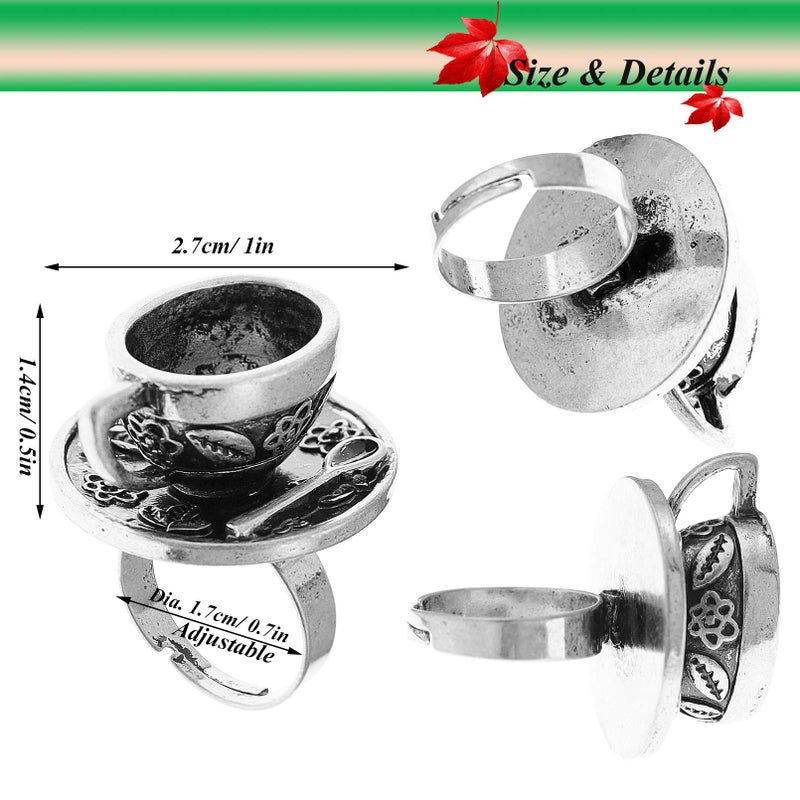 RechicGu Antique Silver Vintage Fairytale 3D Tea Cup Saucer Ring Party Fairy Tale Hatter Wonderland Cosplay Fancy Dress - Image 4